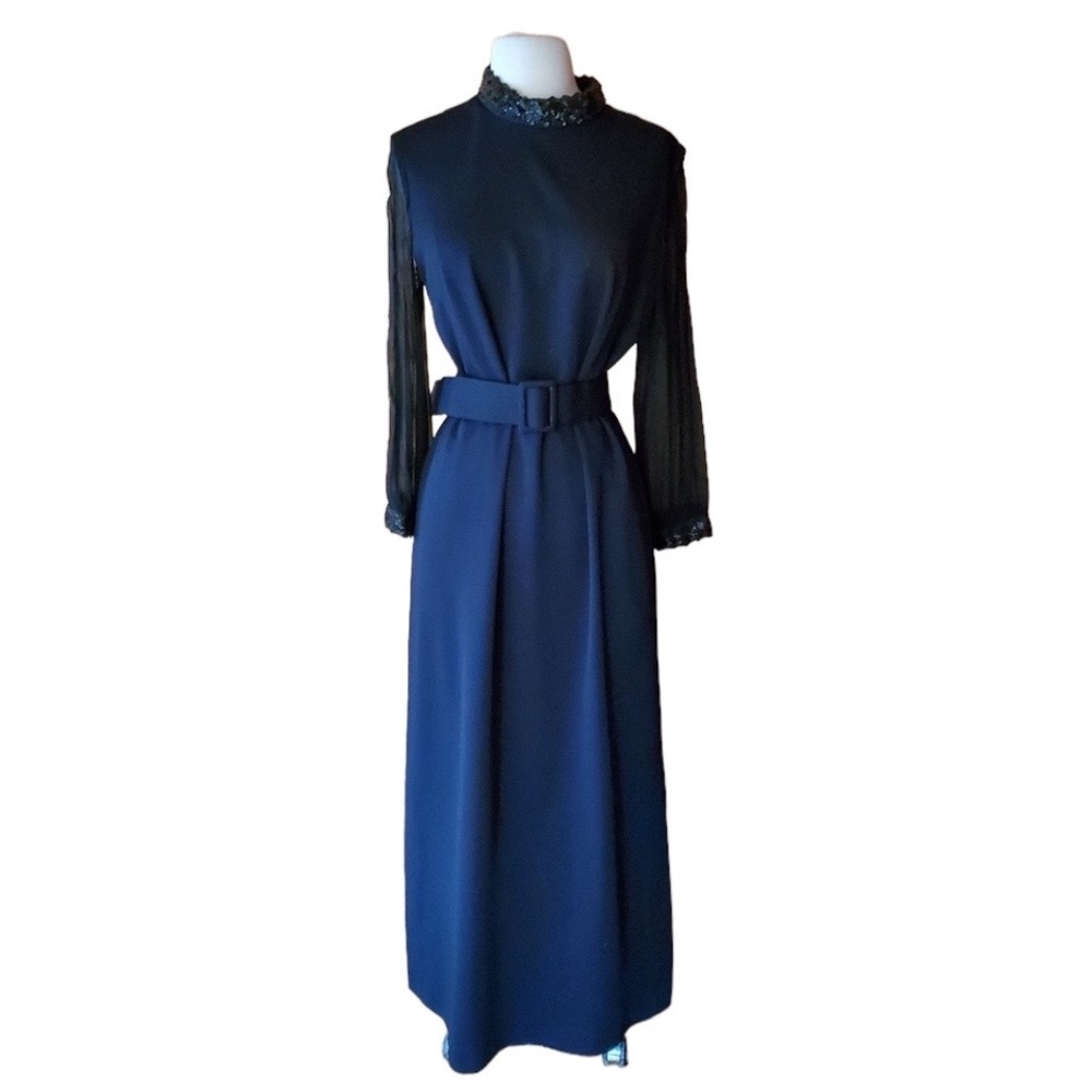 1970s Mynette Black, Sequin Trim, Evening Gown